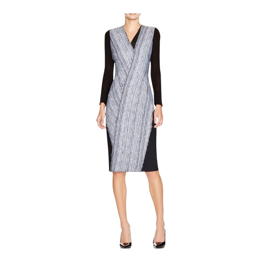 Elie Tahari Cara Mixed Media Sheath Dress 12 Leather Boucle Tweed Party Office
